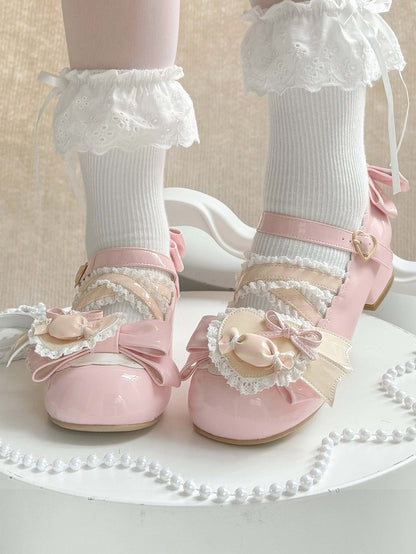 Schleifen Akzente Pink Jane PU Licht Mary Süße Schuhe mit