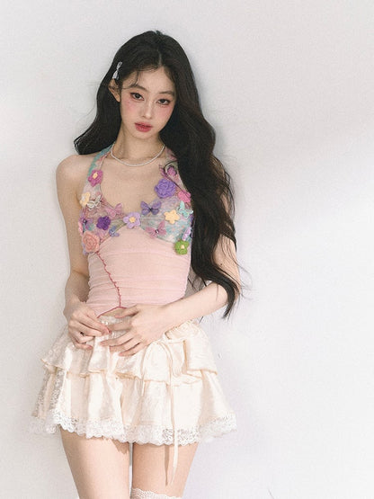 Floral Embellished Pink Lettuce Hem Top Knitted Halter Neck