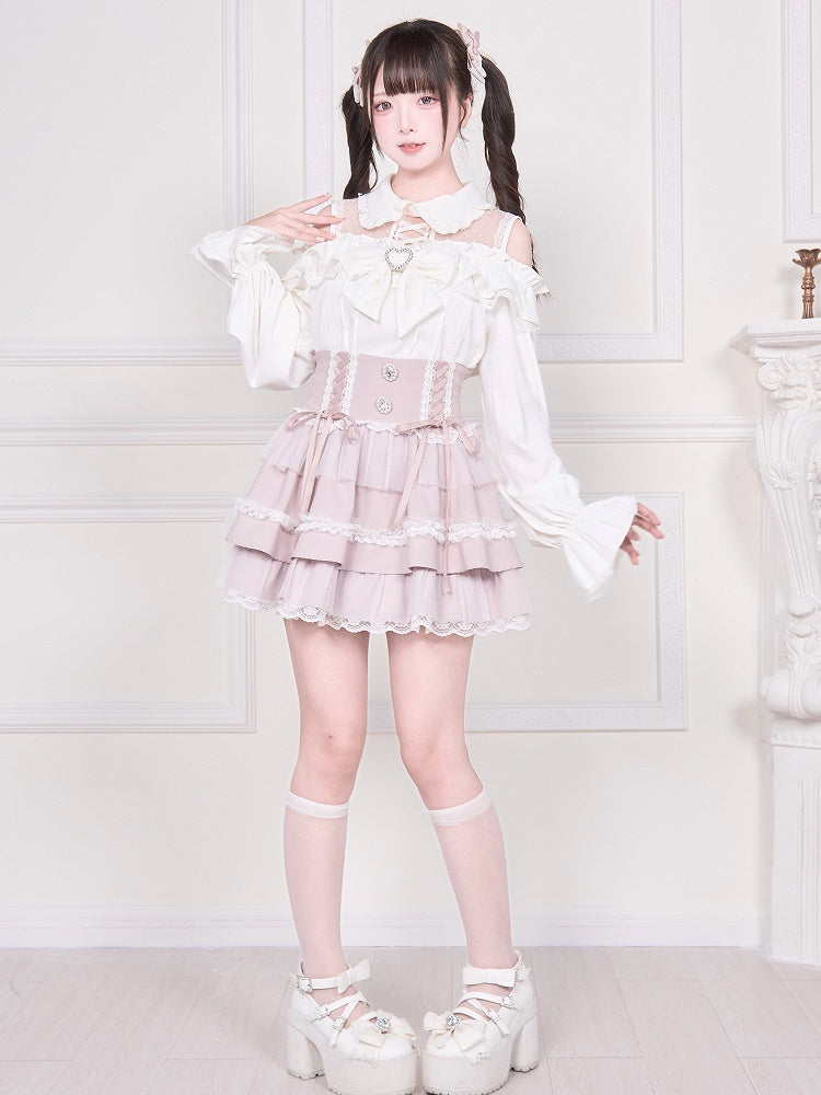 Kei Blouse Sleeve Cold Shoulder Neckline White Long with Jirai Illusion Top
