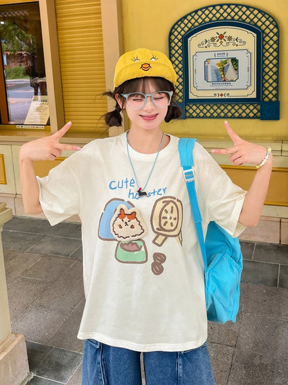 Hamster Applique Loose Beige Round Neck Cute T-Shirt
