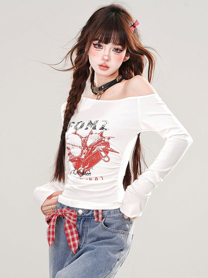 Black/White Heart Print Asymmetrical Neckline Slim-fit Top