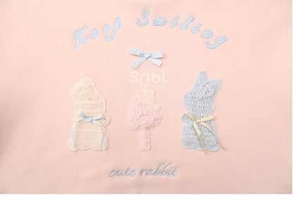 Pink Cute Crocheted Bunnies Details Fleece Lined Hoodie