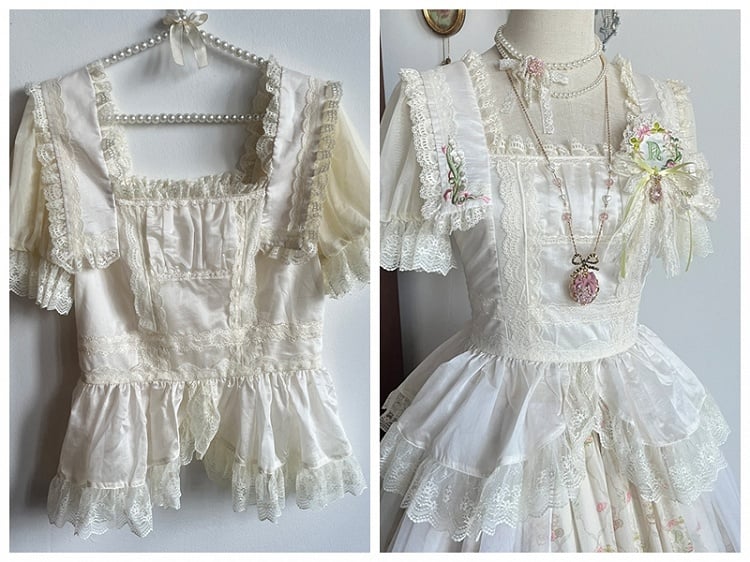 Skirt Waist + Floral Sizes Elastic Print Classic Square - Neckline Plus Available Lolita Set Elegant Blouse