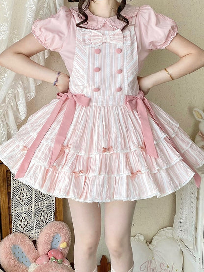 Layered Overall Lolita with Sweet Pink Ruffle Striped Dress Bow Accents