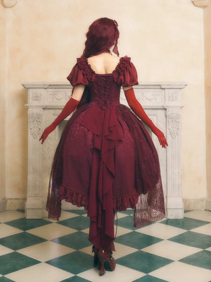 Robe jupe haute-basse brodée d'os de dragon rouge gothique Lolita OP avec superposition de broderie cathédrale