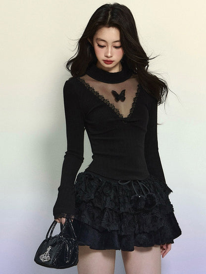 Black Illusion Neckline Butterfly Accents Slim-fit Long Sleeves Top