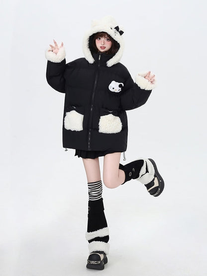 Black Pink Detachable Hood Plush Trim Thick Coat