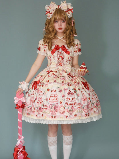 Dress Cake Strawberry / Bow Full Sweet Print Accents Yellow Set Lolita