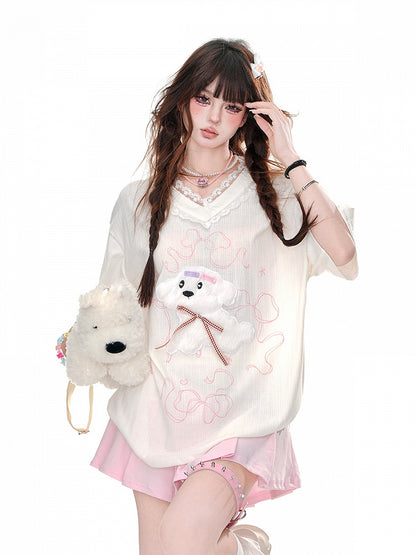 Loose Yume Adorable Puppy Pattern Weiß/Blau T-Shirt Kawaii