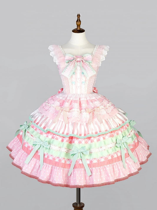 Lolita Dress Cake Sweet Bow and Accents Skirt Tiered Watermelon Pink Green