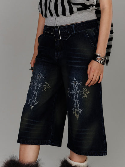 with Buckle Blue Print Faded Wash Glamorous Distressed Jeans Belt Cross