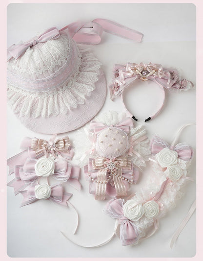 Pink Big Bow Lace Trim Snowflake Beaded Chain Mini Hat+Snowflake Lace Veil