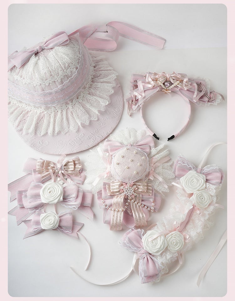 Lolita Pink Big Bow Beaded Chain and Heart Charm Lace Trim KC
