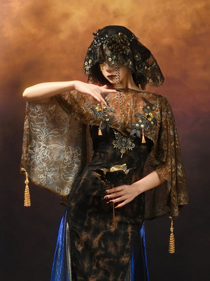 Gold High-low Cutout Back Shawl with Tassels and Bead Chain