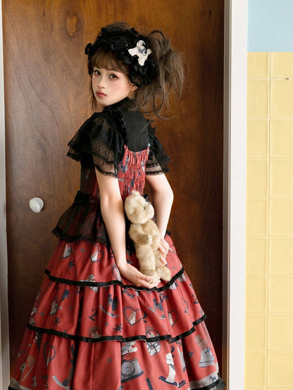 Puppy and Telephone Print Tiered Skirt Black and Red Sweet Lolita Jumper Skirt