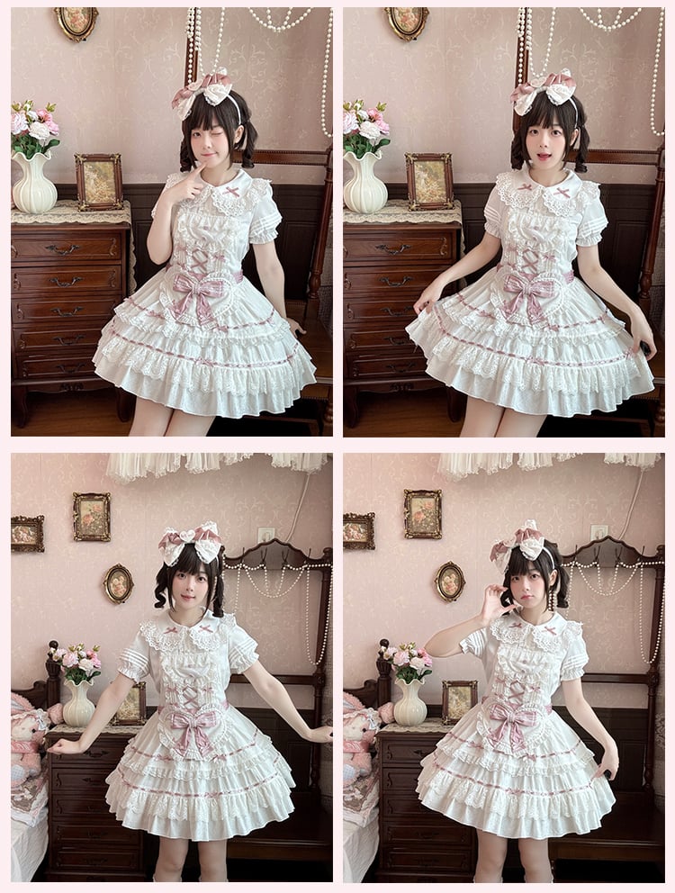Decorated Self-tie Bow Sweet Lolita White Heart Apron and Pink