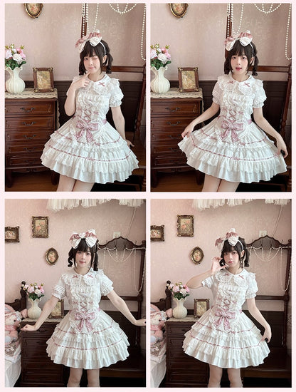 Decorated Self-tie Bow Sweet Lolita White Heart Apron and Pink
