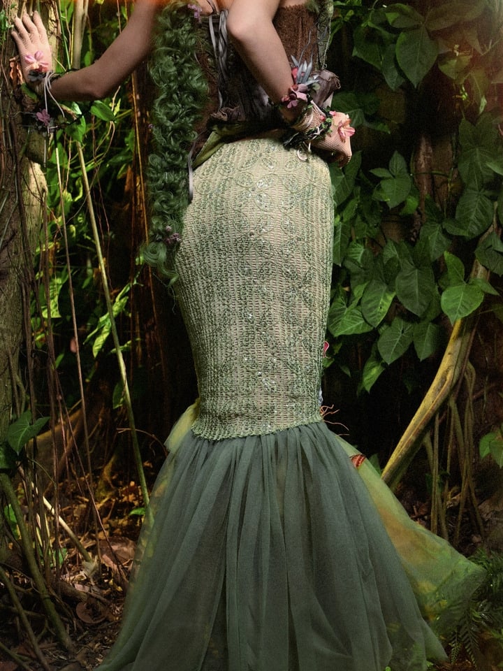 Forest Decorated Skirt Fairy Goth and Hem Tulle Floral Double Layers Green Butterfly Mermaid