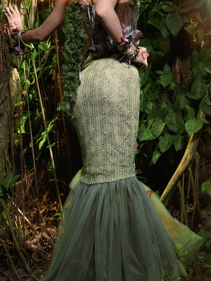 Forest Decorated Skirt Fairy Goth and Hem Tulle Floral Double Layers Green Butterfly Mermaid