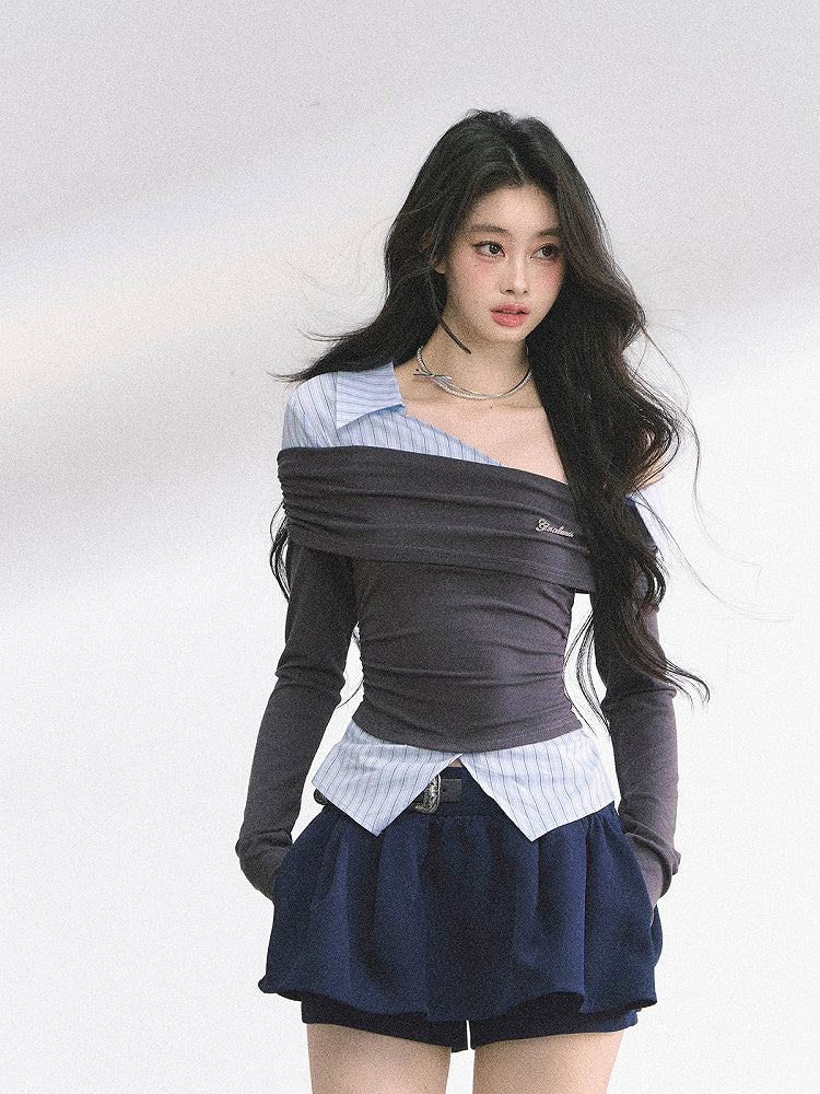 Two-pieces Gray and Blue Stripes Asymmetrical Neckline Faux Top