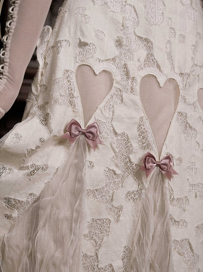 Cream Bows Heart Cutout Light Dress Goth Pink Romantic Slip Summer