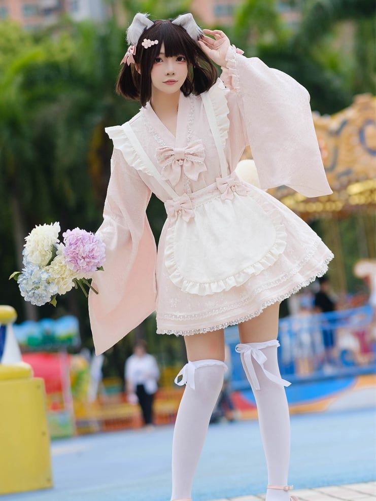 Wa Kei Pink Set-Bell Full Style Jirai Sleeves Blossom Apron Dress+Flutter Outfit Festival Cherry