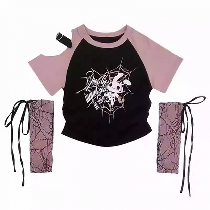 Free Red/Pink/Purple with T-Shirt Print Sleeves Y2K Cutout Shoulder Spiderweb
