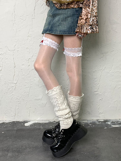 Y2K White Bowknot Lace Details Suspender Tights