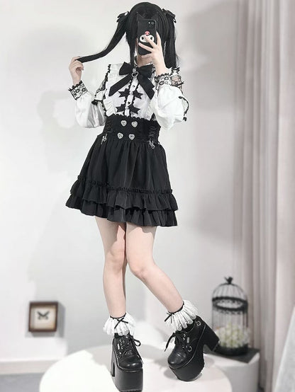 White Trim Jirai Rhinestone Details Kei Bowknot And Blouse Decorated Beaded Ruffles