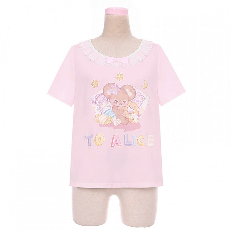 Short Version Adorable Mouse Print White/Pink Lace Trim T-Shirt