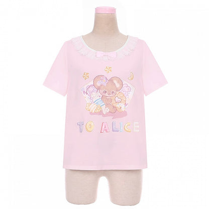 Short Version Adorable Mouse Print White/Pink Lace Trim T-Shirt
