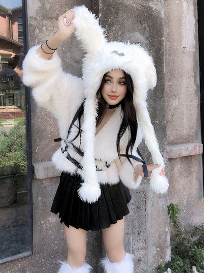 White Plush Bunny Ears Hat