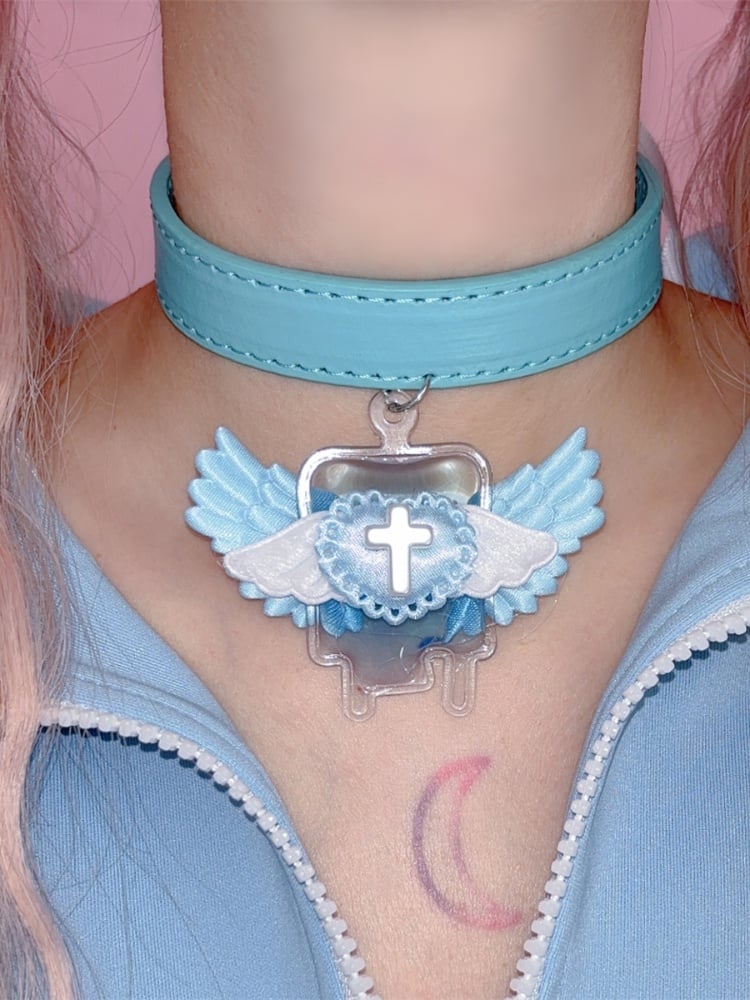 Blue/Pink Jirai Kei Angel Wings with Cross Choker