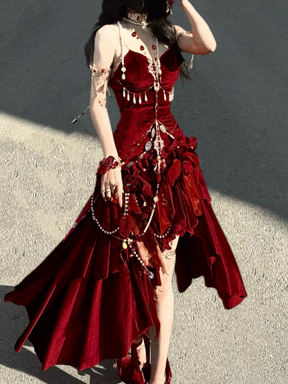 Robe de soirée sirène dos nu en velours rouge/noir