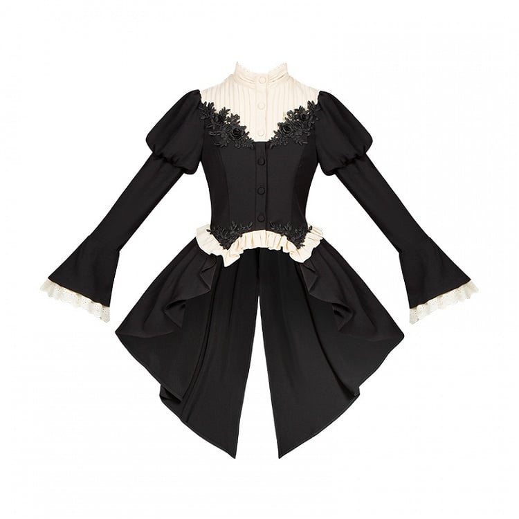 Vampire Prince Ouji Lolita Full Set - Black Swallow Tail Long Sleeves Top + Gray Bloomers Shorts + Red Jabot Brooch