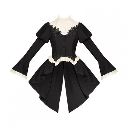 Gothic Lolita Full Set - Black Swallow Tail Long Sleeves Top + Gray Tiered Skirt + Red Jabot Brooch