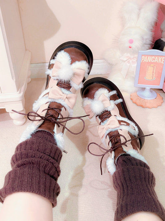 Brown Plush Bunny Ear Platform Fleece Ankle Boots