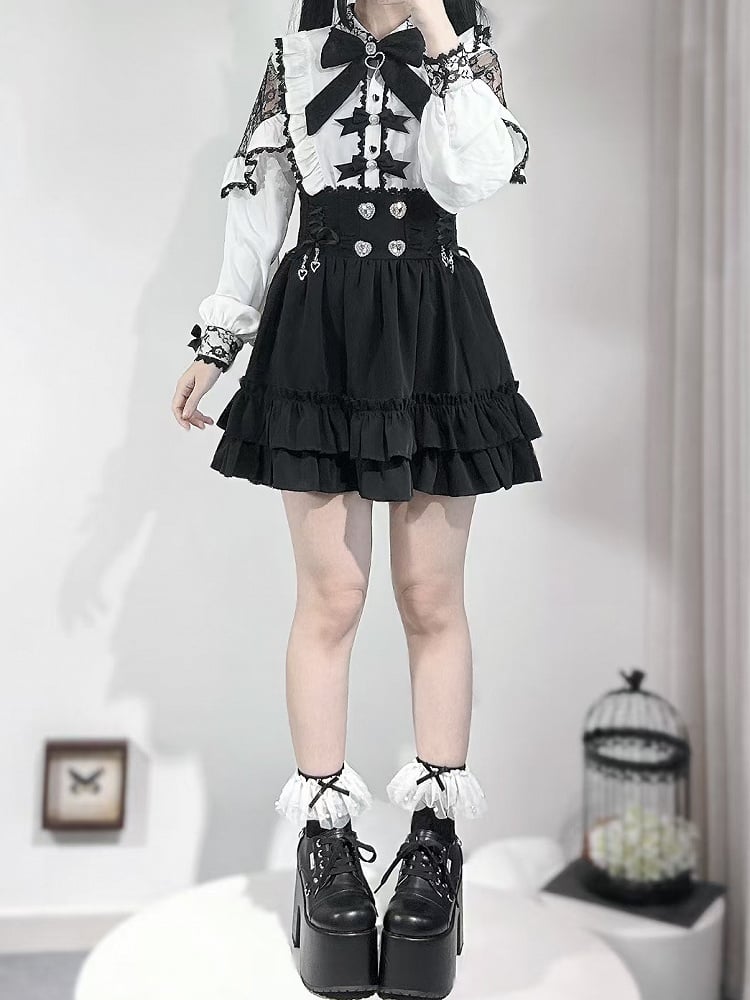 White Trim Jirai Rhinestone Details Kei Bowknot And Blouse Decorated Beaded Ruffles