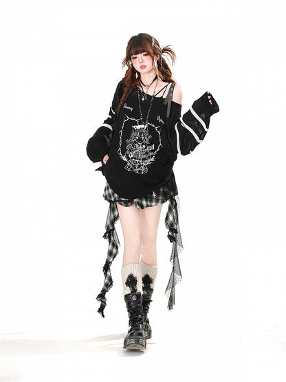 Skirt Hem Asymmetrical Mesh Patchwork Design Black Plaid Pattern Ruffled Polka-dot