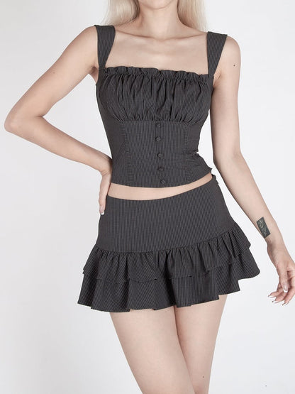 Dark Gray Striped Low Waist Tiered Ruffles Glamorous Mini Skirt