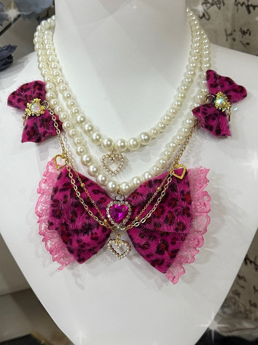 Rhinestone Color Pendant Options Heart 4 Beaded Pattern And Bowknot Leopard Necklace