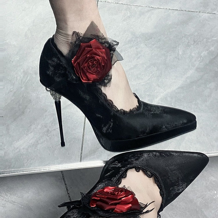 Floral Gothic Pointed Black Decorated Heels High Toe PU