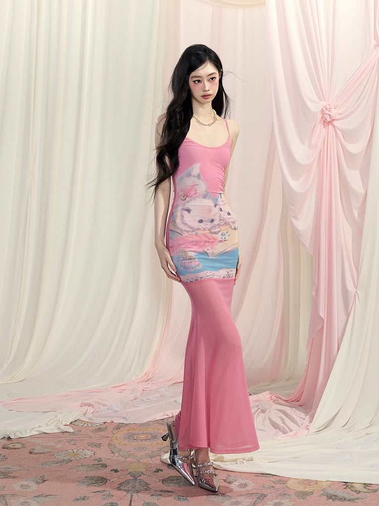 Pink Cute Cat Print Bodycon Skirt Slip Dress Mermaid