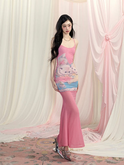 Pink Cute Cat Print Bodycon Skirt Slip Dress Mermaid