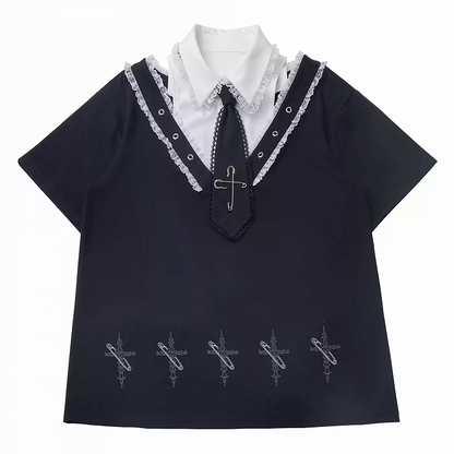 Collar Pin Cross Print T-Shirt Tie Free with Black Shirt