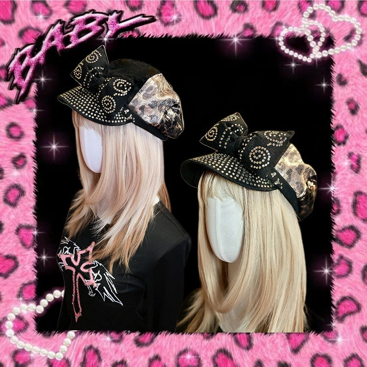 Béret Gyaru Fashion Y2K noir léopard avec gros nœud et strass