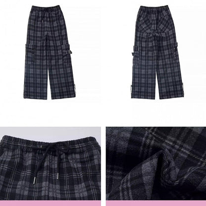 Black Cargo Pockets Plaid Pants