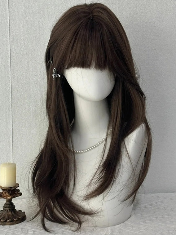 Brown Under Bust Length Straight Synthetic Wig With Bangs