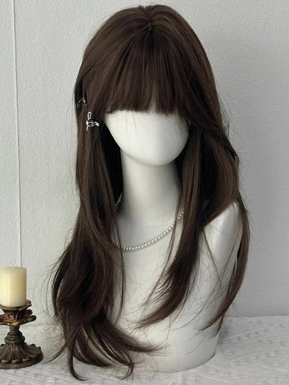 Brown Under Bust Length Straight Synthetic Wig With Bangs