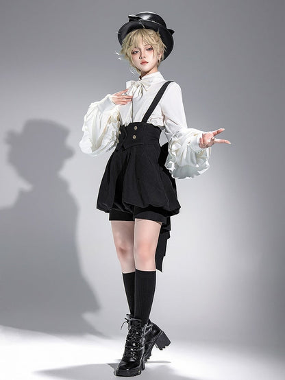 Black Ouji Lolita High Waist Overall Shorts with Big Bow Train